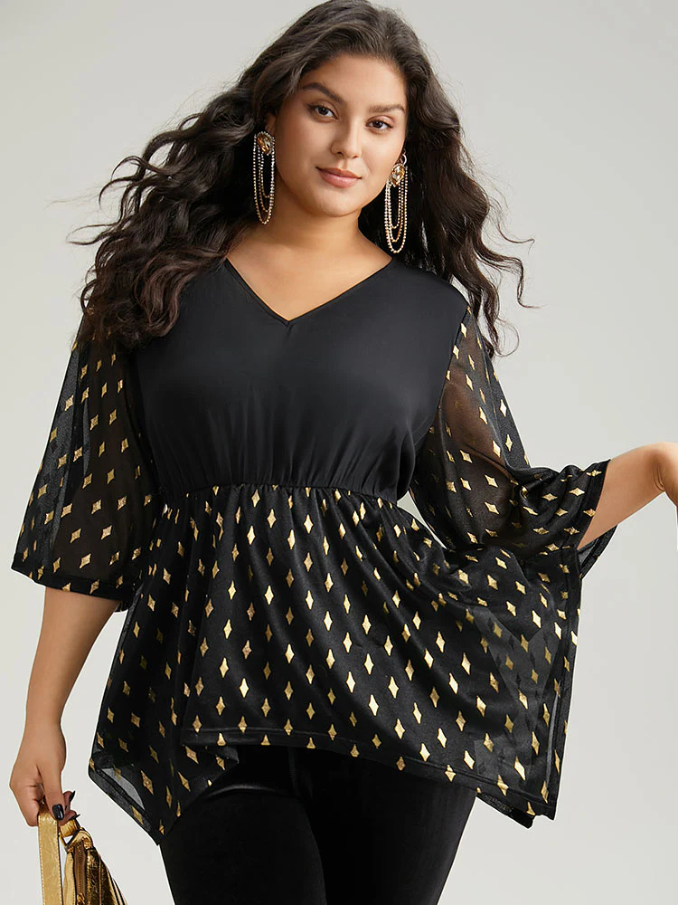 Glitter Patchwork Mesh Hanky Hem Blouse - Image 2