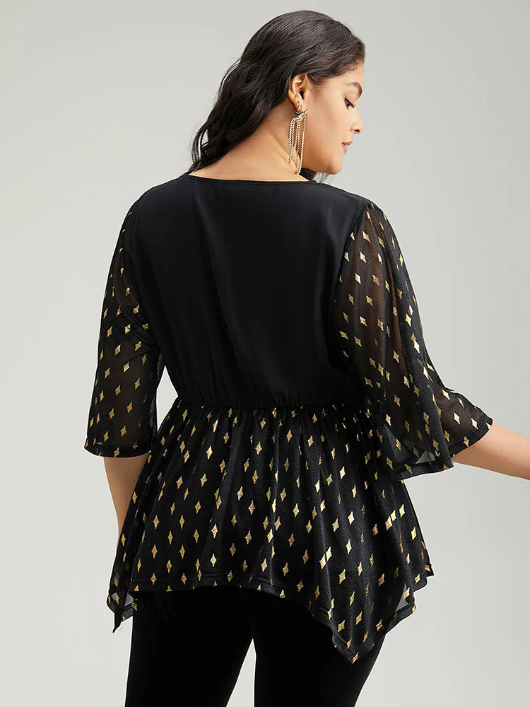 Glitter Patchwork Mesh Hanky Hem Blouse - Image 3