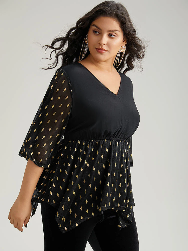 Glitter Patchwork Mesh Hanky Hem Blouse - Image 4