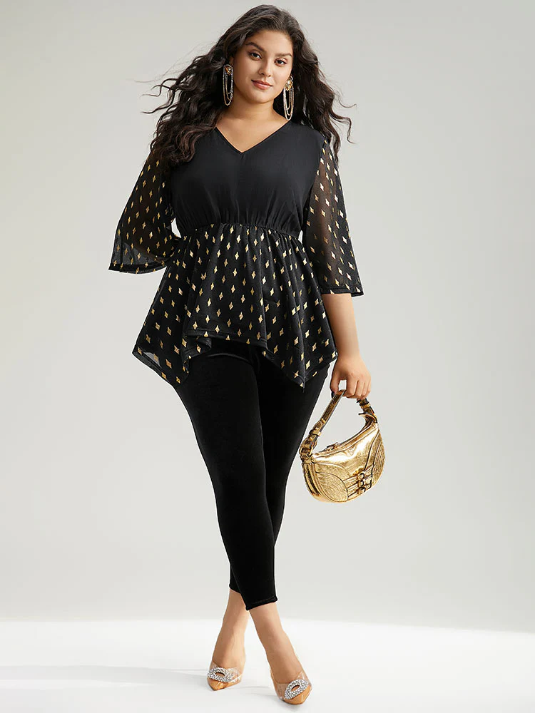 Glitter Patchwork Mesh Hanky Hem Blouse - Image 5