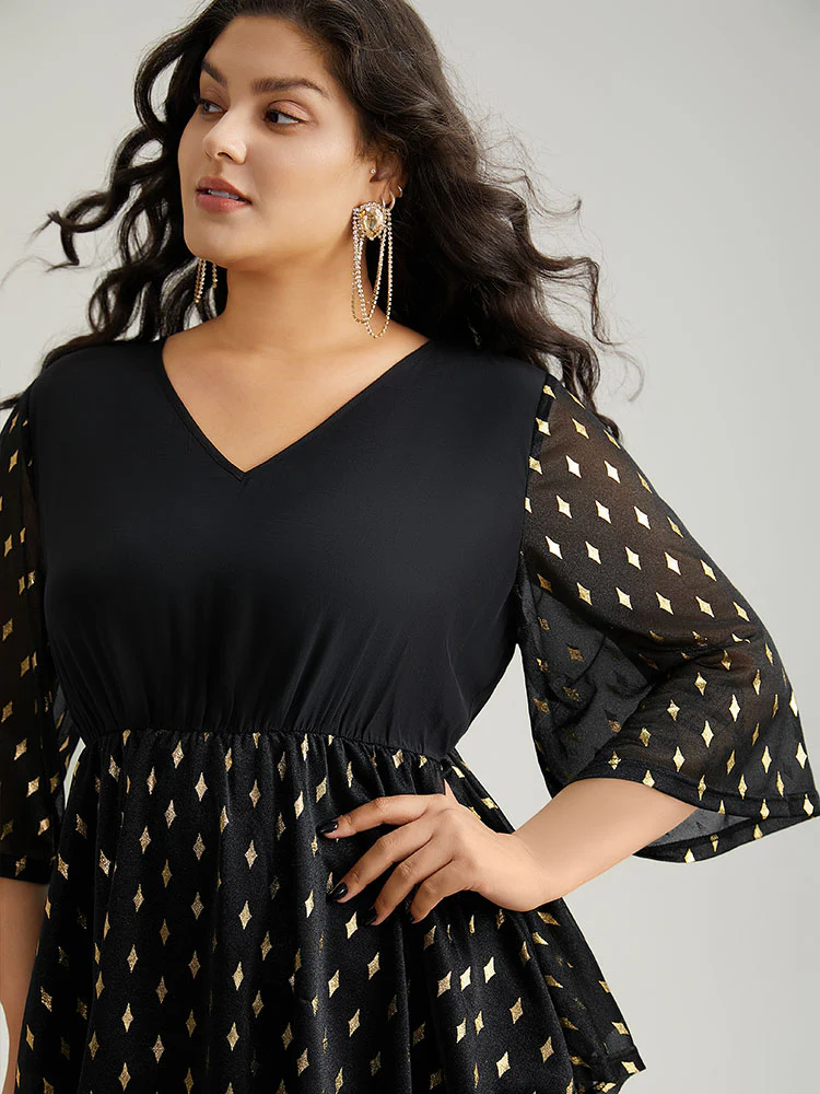 Glitter Patchwork Mesh Hanky Hem Blouse - Image 6