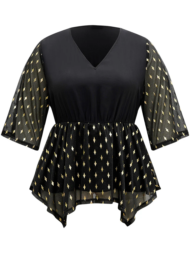 Glitter Patchwork Mesh Hanky Hem Blouse - Image 7