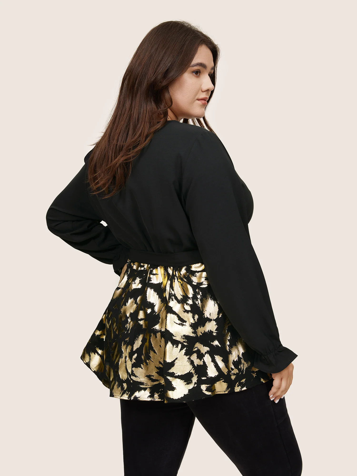 Glitter Patchwork Ruffles Wrap Belted Blouse - Image 4