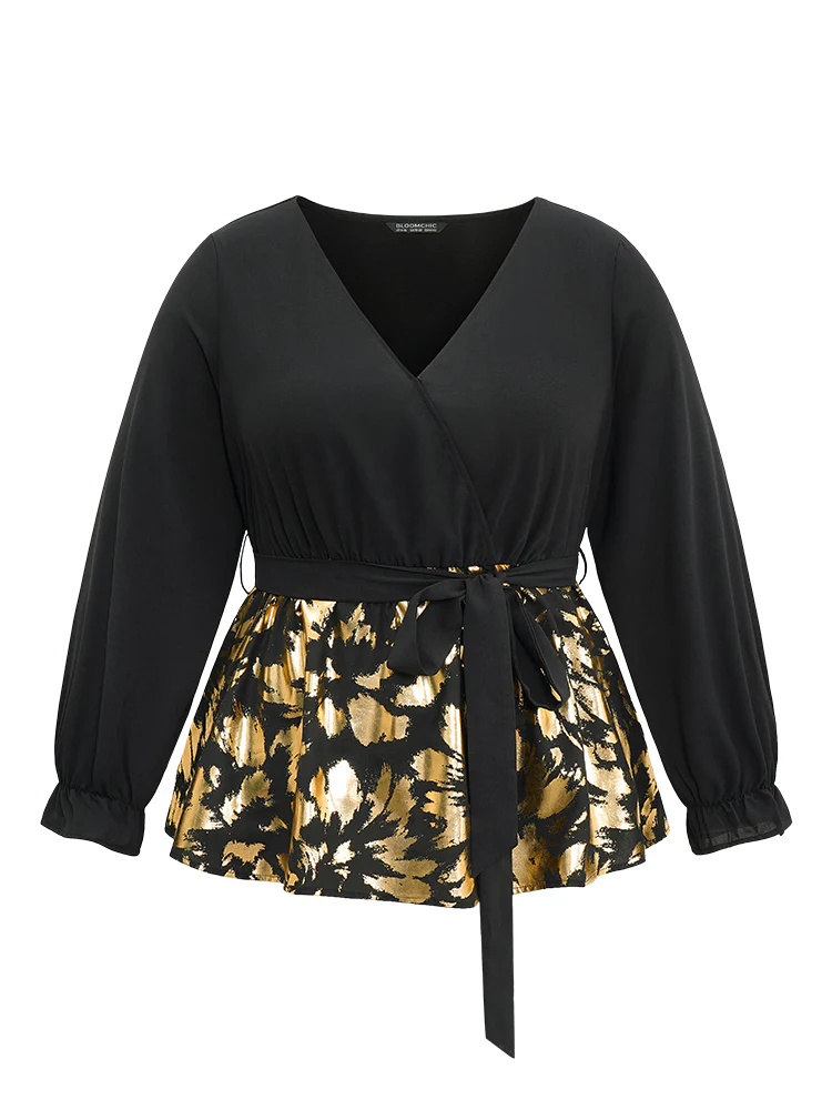 Glitter Patchwork Ruffles Wrap Belted Blouse - Image 5