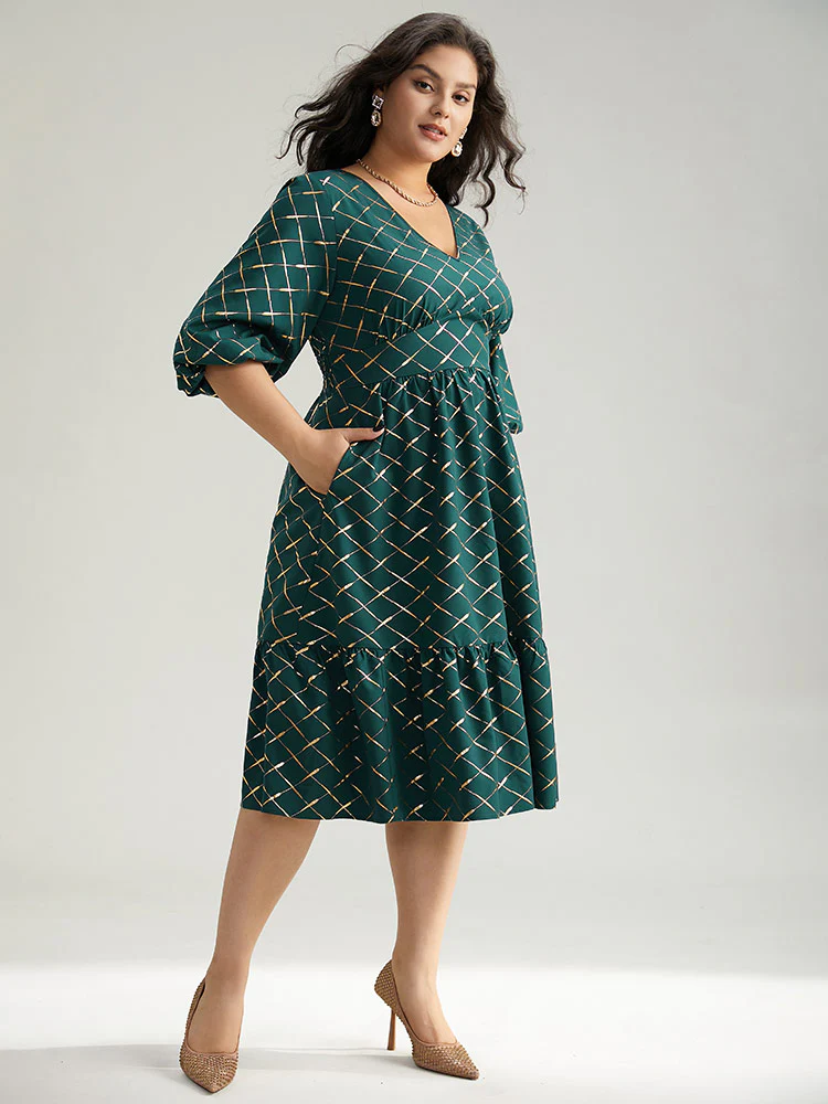 Glitter Plaid Lantern Sleeve Ruffle Hem Dress - Image 2