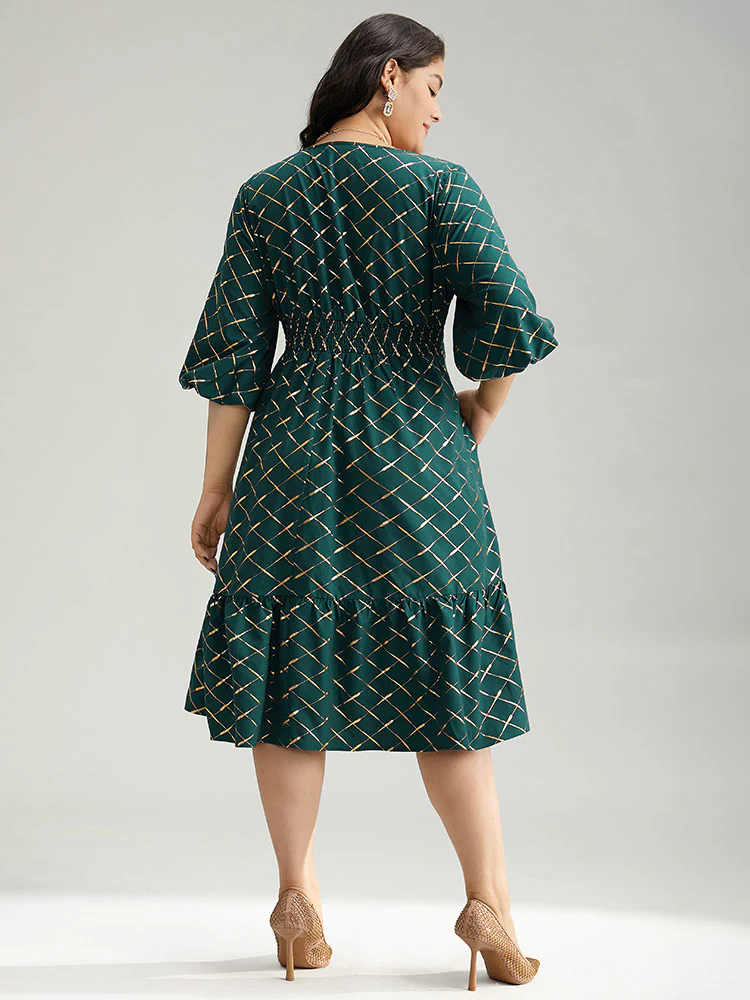 Glitter Plaid Lantern Sleeve Ruffle Hem Dress - Image 3
