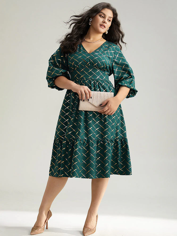 Glitter Plaid Lantern Sleeve Ruffle Hem Dress - Image 4