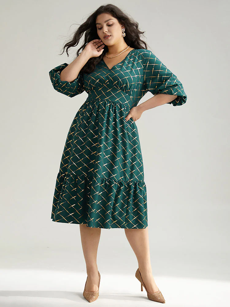 Glitter Plaid Lantern Sleeve Ruffle Hem Dress - Image 5