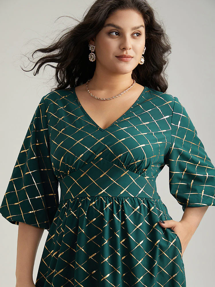 Glitter Plaid Lantern Sleeve Ruffle Hem Dress - Image 6