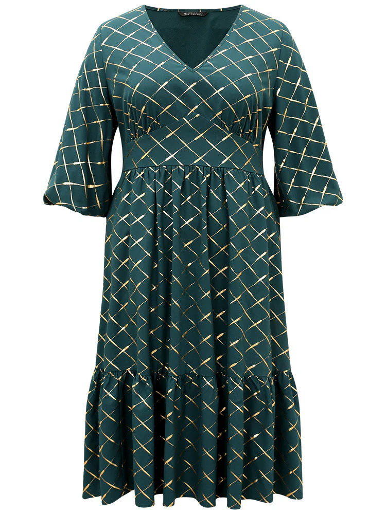 Glitter Plaid Lantern Sleeve Ruffle Hem Dress - Image 7