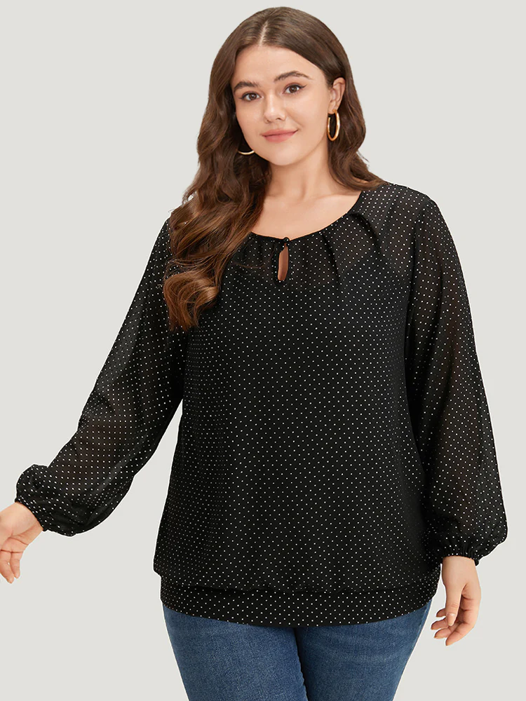 Glitter Polka Dot Puff Sleeve Keyhole Blouse