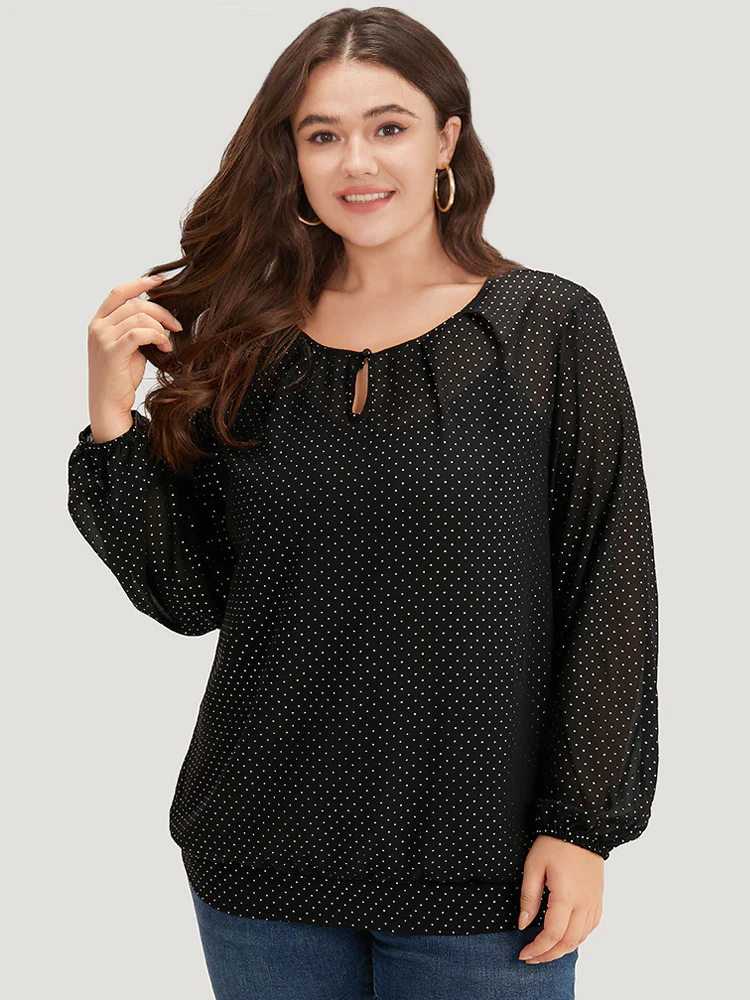 Glitter Polka Dot Puff Sleeve Keyhole Blouse - Image 2