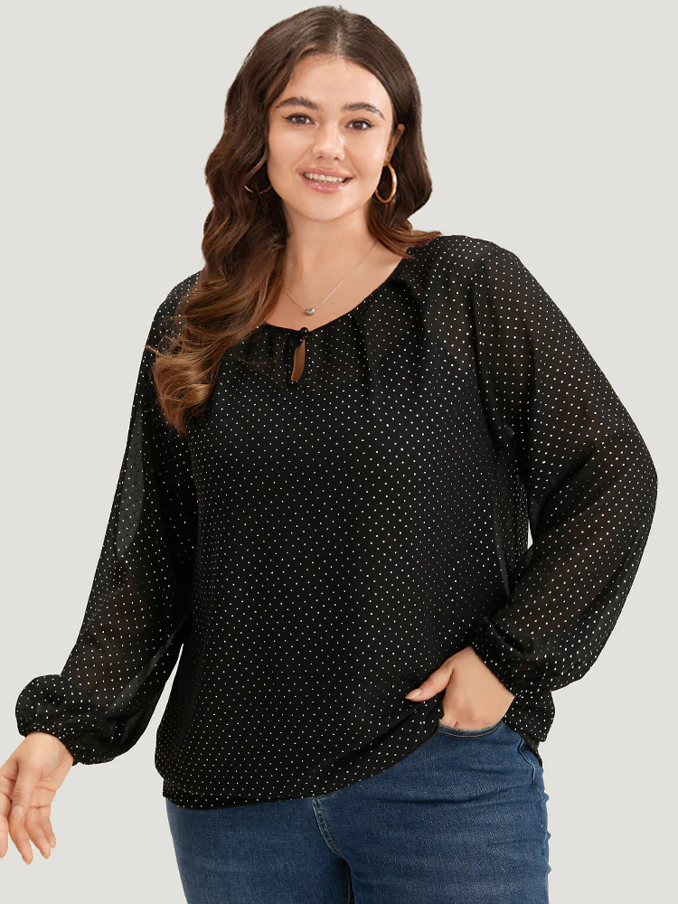 Glitter Polka Dot Puff Sleeve Keyhole Blouse - Image 3