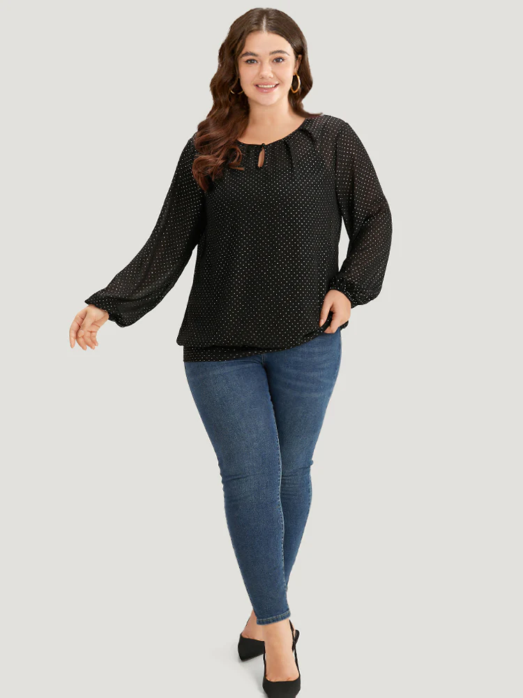 Glitter Polka Dot Puff Sleeve Keyhole Blouse - Image 4