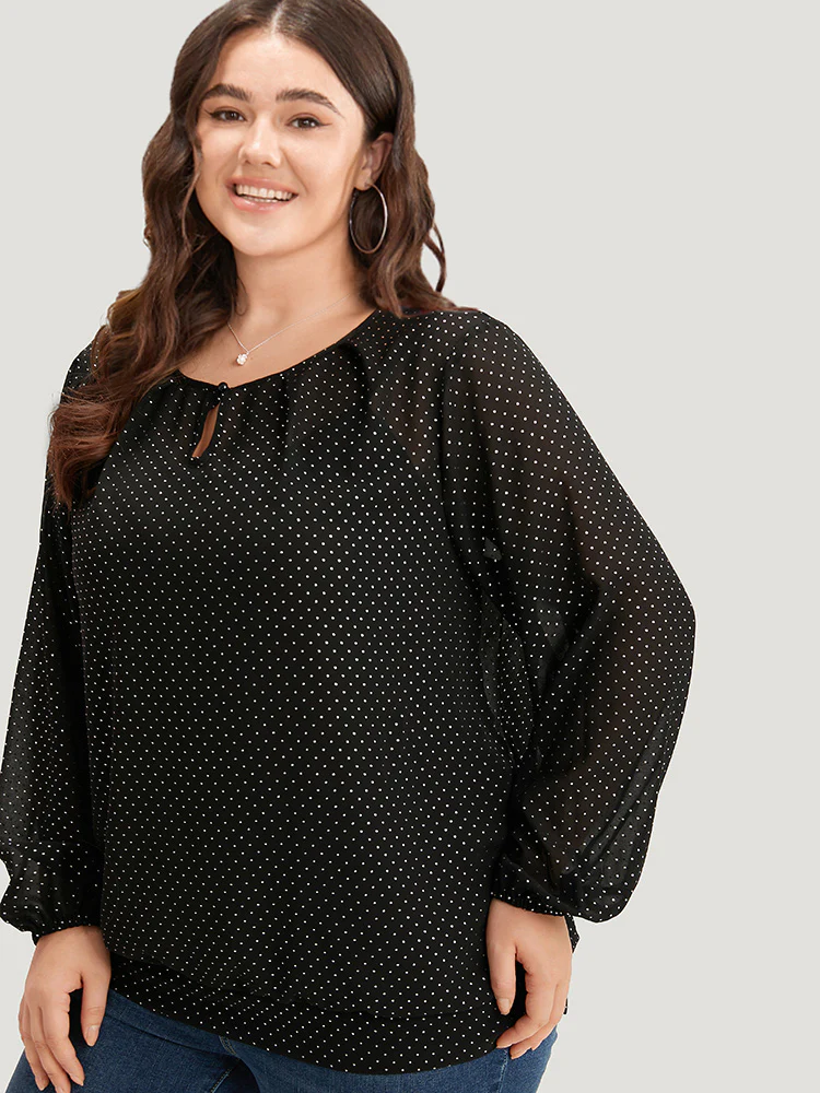 Glitter Polka Dot Puff Sleeve Keyhole Blouse - Image 5