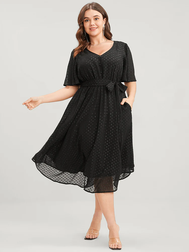 Glitter Polka Dot V Neck Pocket Belted Ruffles Hem Dress - Image 2