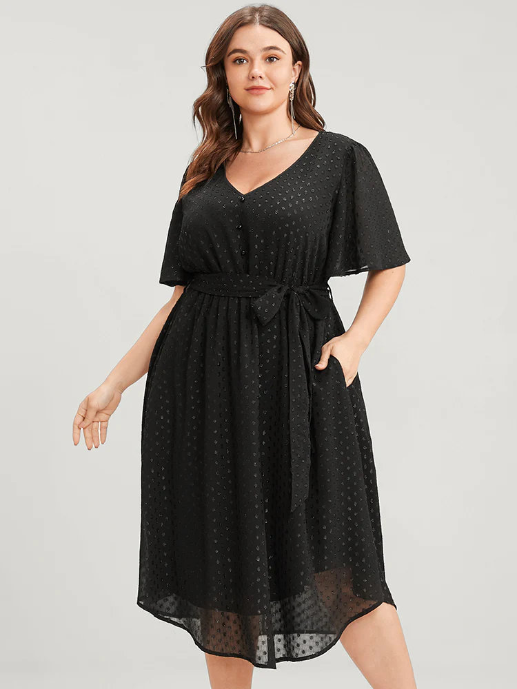 Glitter Polka Dot V Neck Pocket Belted Ruffles Hem Dress - Image 3