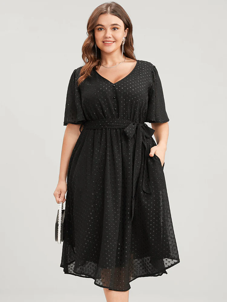 Glitter Polka Dot V Neck Pocket Belted Ruffles Hem Dress - Image 4
