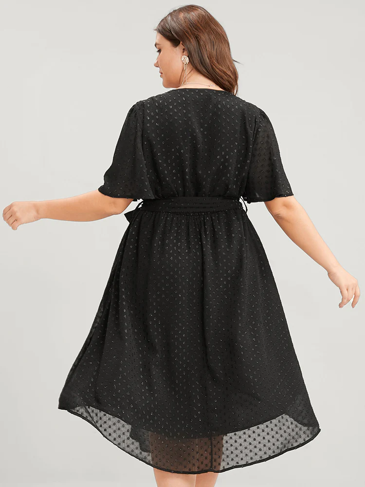 Glitter Polka Dot V Neck Pocket Belted Ruffles Hem Dress - Image 5