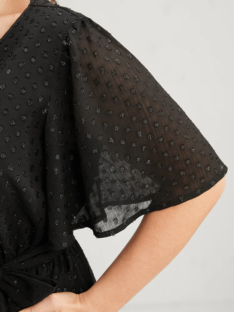 Glitter Polka Dot V Neck Pocket Belted Ruffles Hem Dress - Image 7