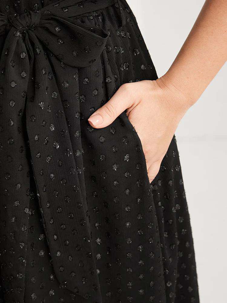Glitter Polka Dot V Neck Pocket Belted Ruffles Hem Dress - Image 9