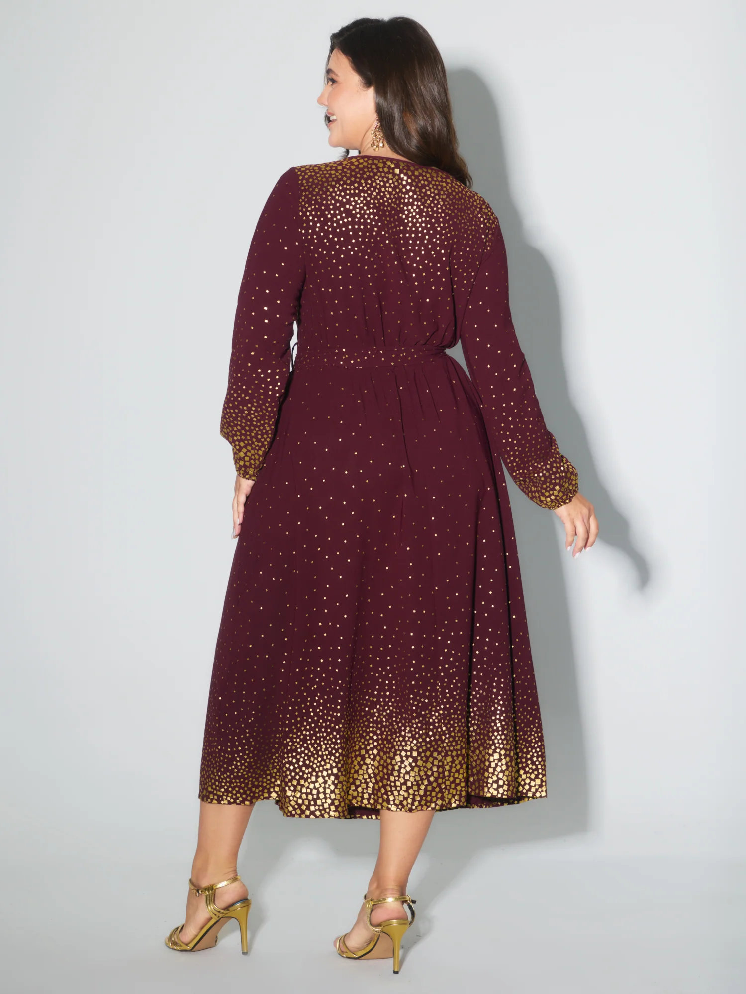 Glitter Round Neck Belted Lantern Sleeve Dress - Image 4