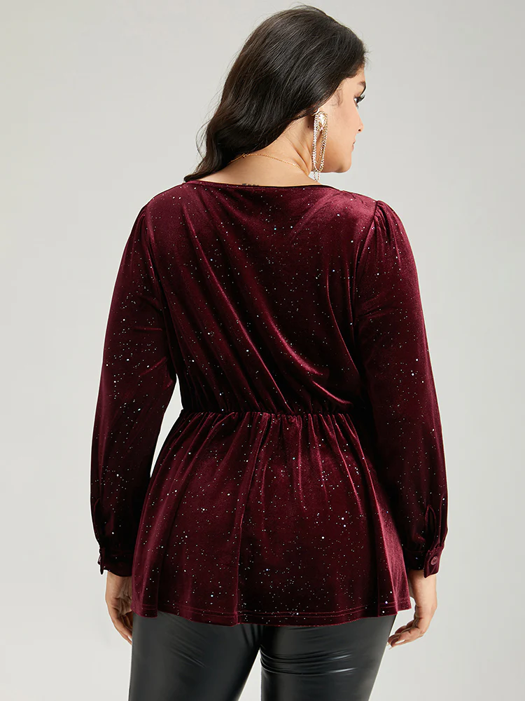 Glitter Sequin Velvet Twist Front V Neck Blouse - Image 2