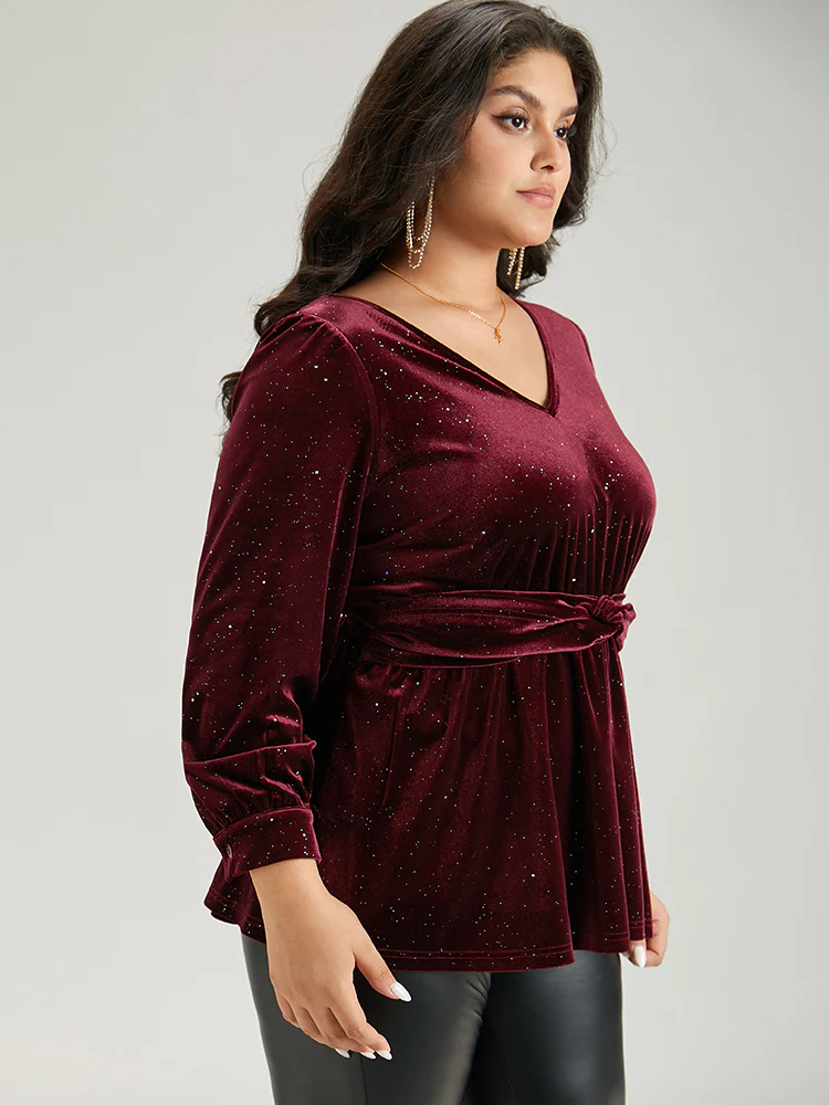 Glitter Sequin Velvet Twist Front V Neck Blouse - Image 3