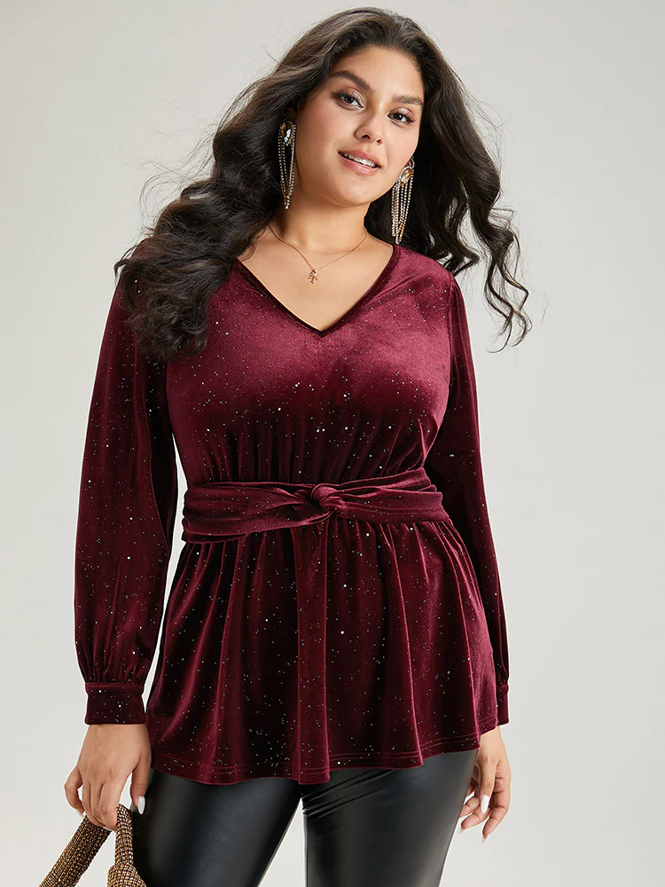 Glitter Sequin Velvet Twist Front V Neck Blouse - Image 5