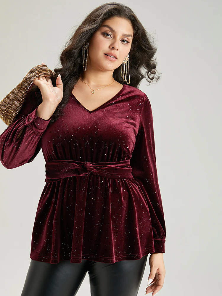 Glitter Sequin Velvet Twist Front V Neck Blouse - Image 6