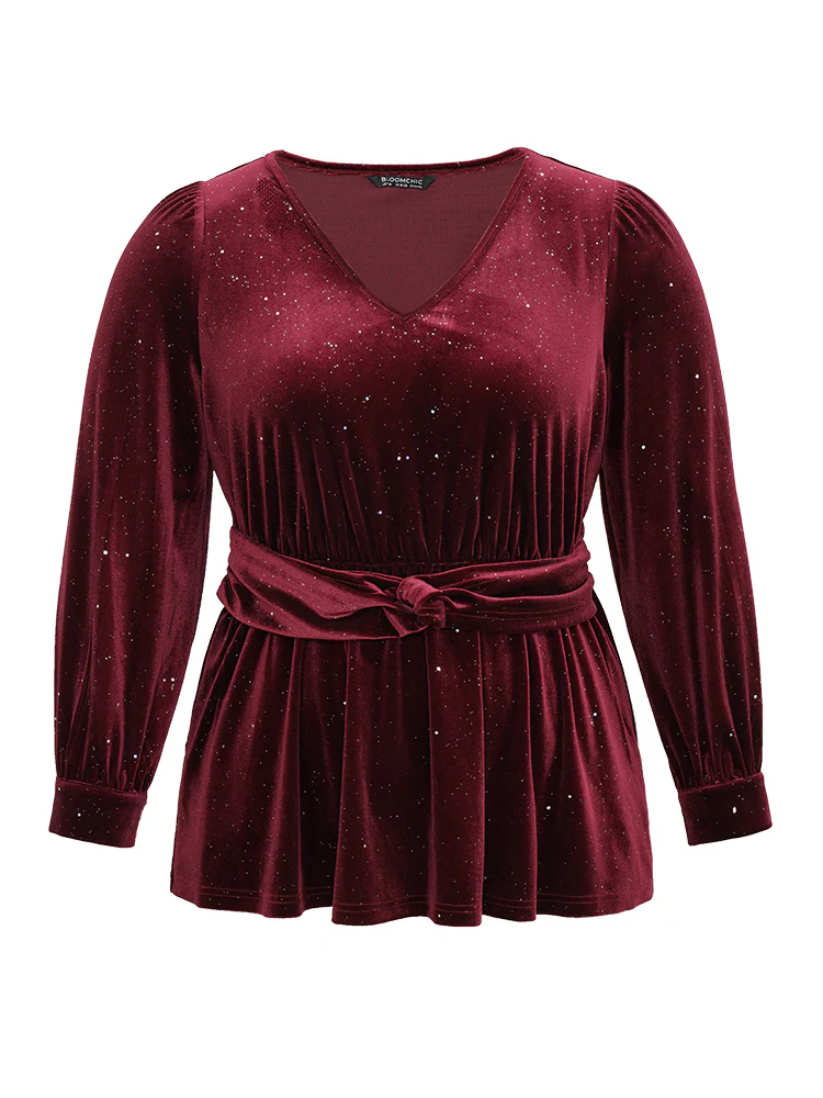Glitter Sequin Velvet Twist Front V Neck Blouse - Image 9