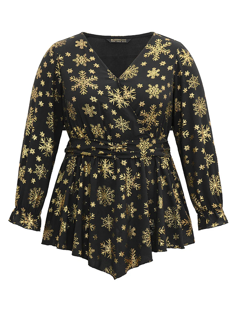 Glitter Snowflake Elastic Waist Ruched Wrap Blouse - Image 10