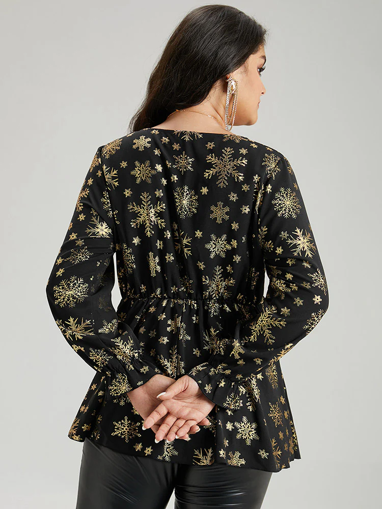 Glitter Snowflake Elastic Waist Ruched Wrap Blouse - Image 2