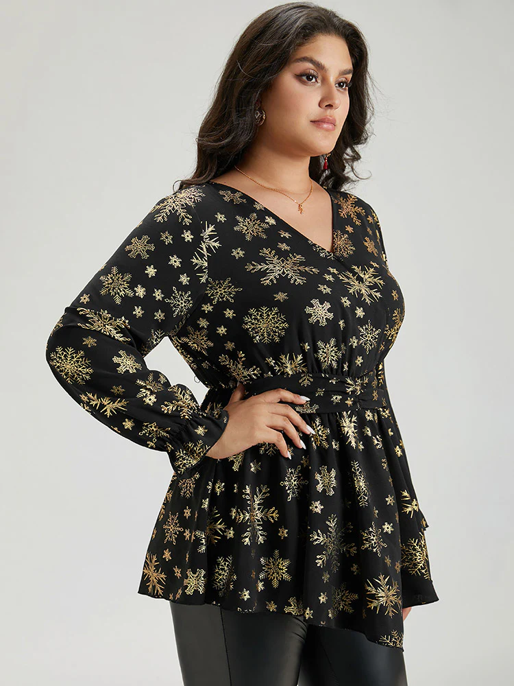 Glitter Snowflake Elastic Waist Ruched Wrap Blouse - Image 3