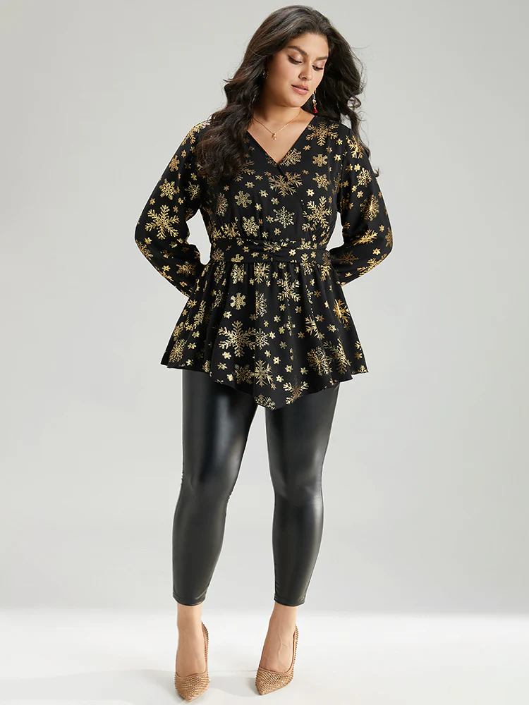 Glitter Snowflake Elastic Waist Ruched Wrap Blouse - Image 4