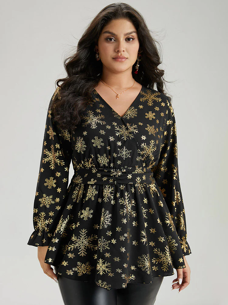 Glitter Snowflake Elastic Waist Ruched Wrap Blouse - Image 5