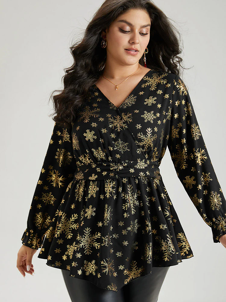 Glitter Snowflake Elastic Waist Ruched Wrap Blouse - Image 6