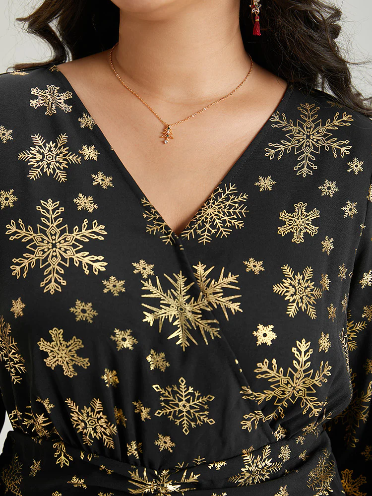 Glitter Snowflake Elastic Waist Ruched Wrap Blouse - Image 7
