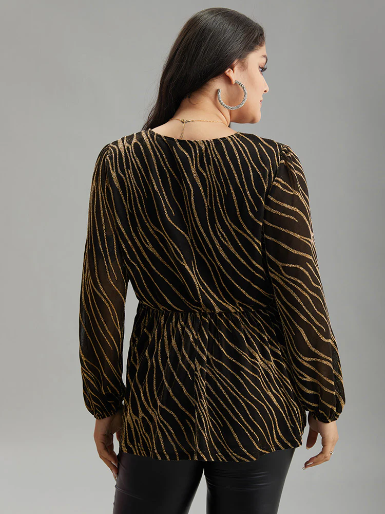 Glitter Striped Mesh Keyhole Lantern Sleeve Blouse - Image 2