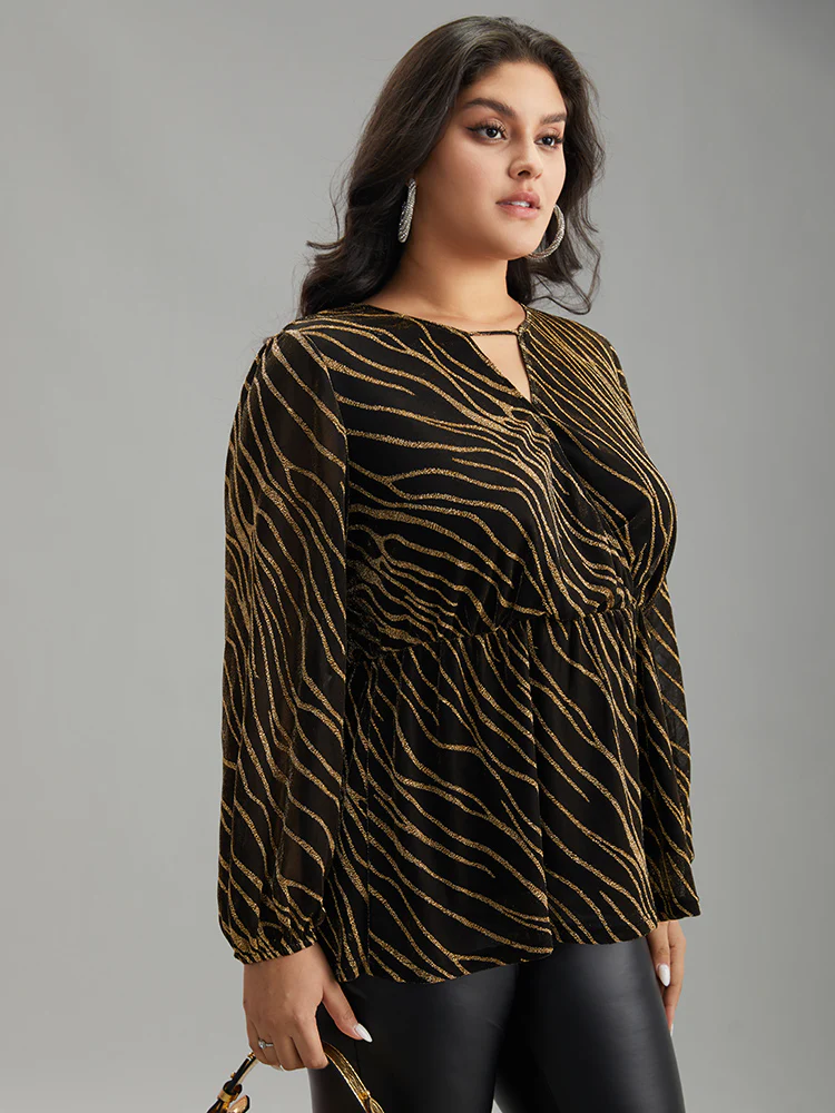Glitter Striped Mesh Keyhole Lantern Sleeve Blouse - Image 3