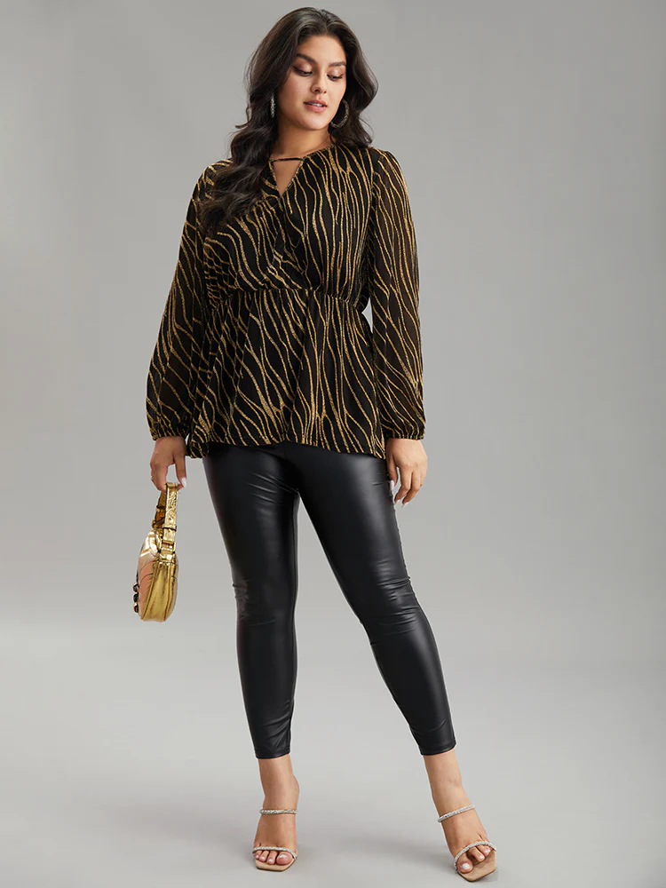 Glitter Striped Mesh Keyhole Lantern Sleeve Blouse - Image 4