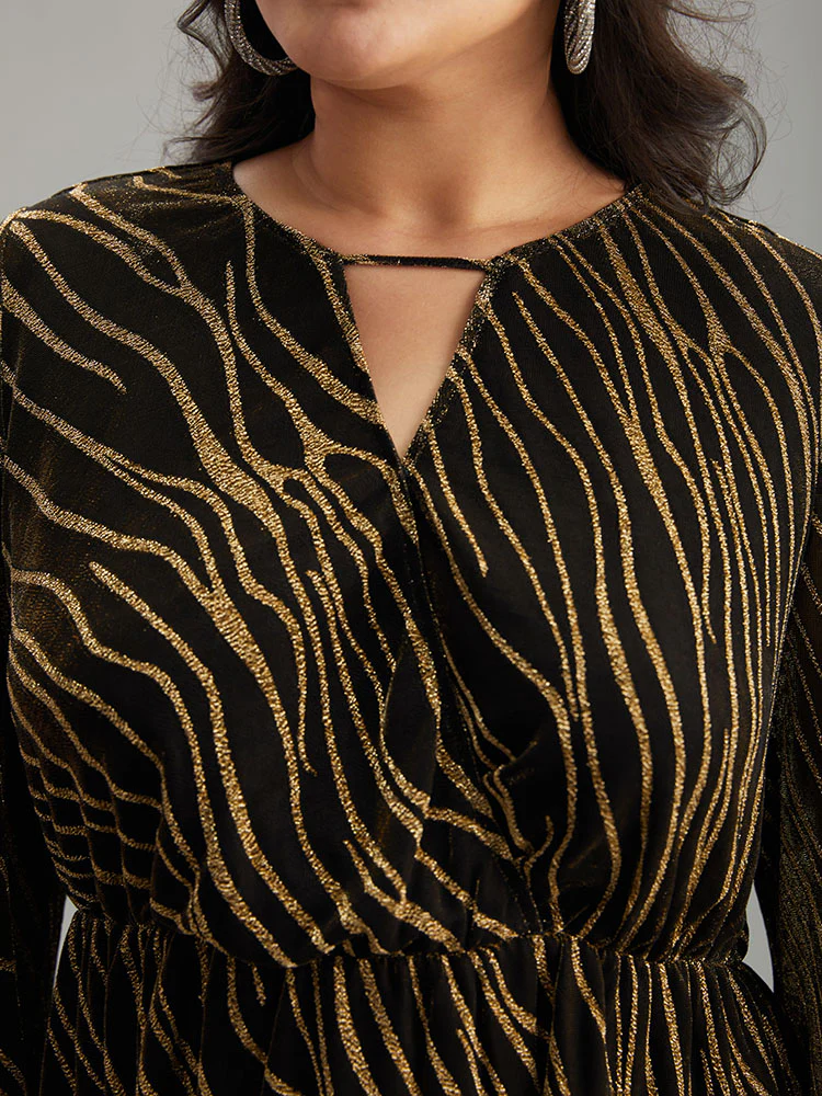 Glitter Striped Mesh Keyhole Lantern Sleeve Blouse - Image 5
