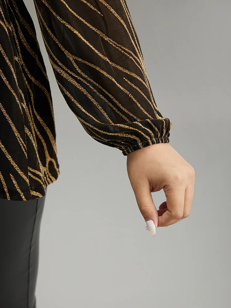 Glitter Striped Mesh Keyhole Lantern Sleeve Blouse - Image 6