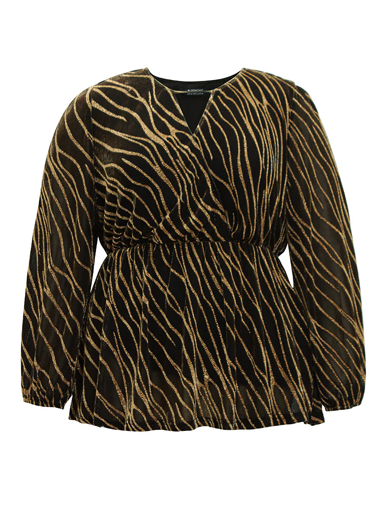 Glitter Striped Mesh Keyhole Lantern Sleeve Blouse - Image 7