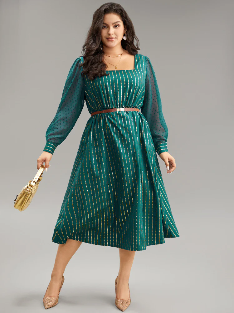 Glitter Striped Patchwork Mesh Square Neck Dress - Image 2