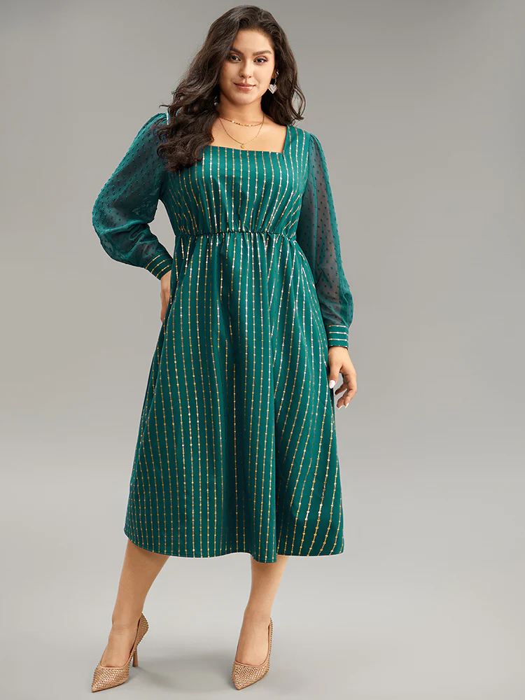 Glitter Striped Patchwork Mesh Square Neck Dress - Image 3