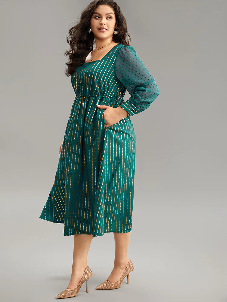 Glitter Striped Patchwork Mesh Square Neck Dress - Image 4