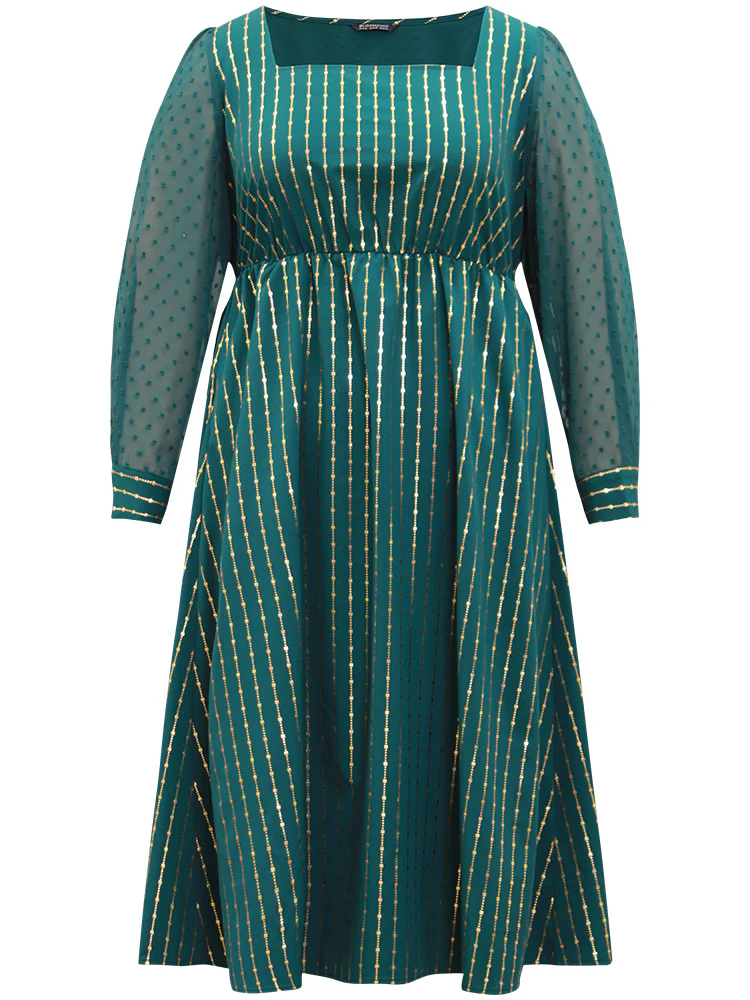 Glitter Striped Patchwork Mesh Square Neck Dress - Image 7