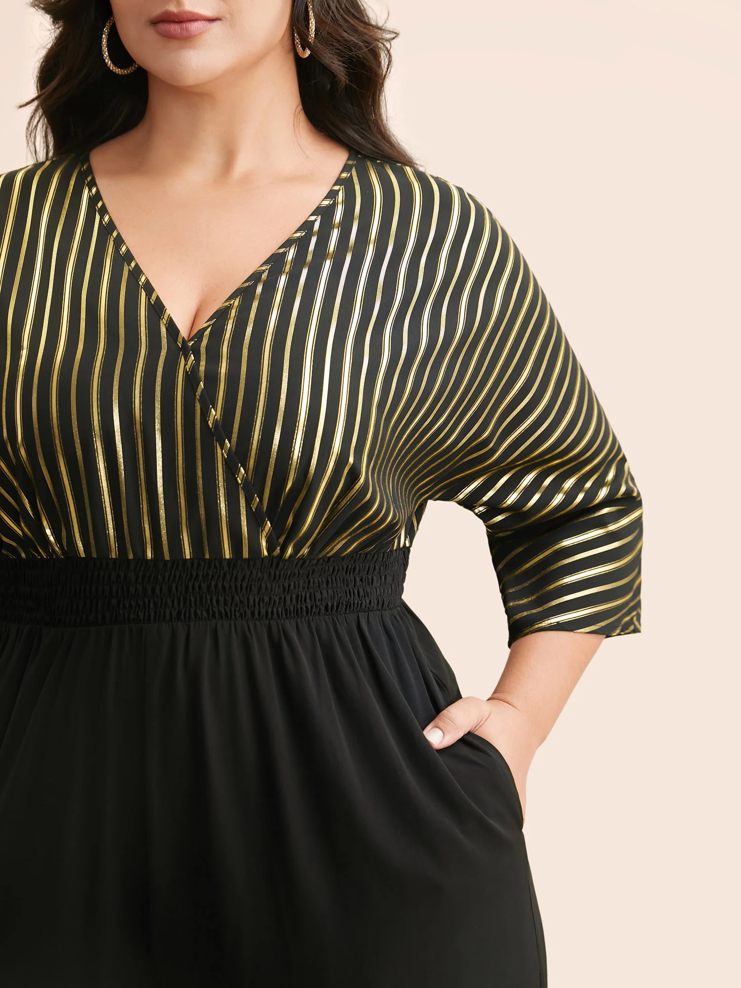 Glitter Striped Patchwork Shirred Jumpsuit - Image 2