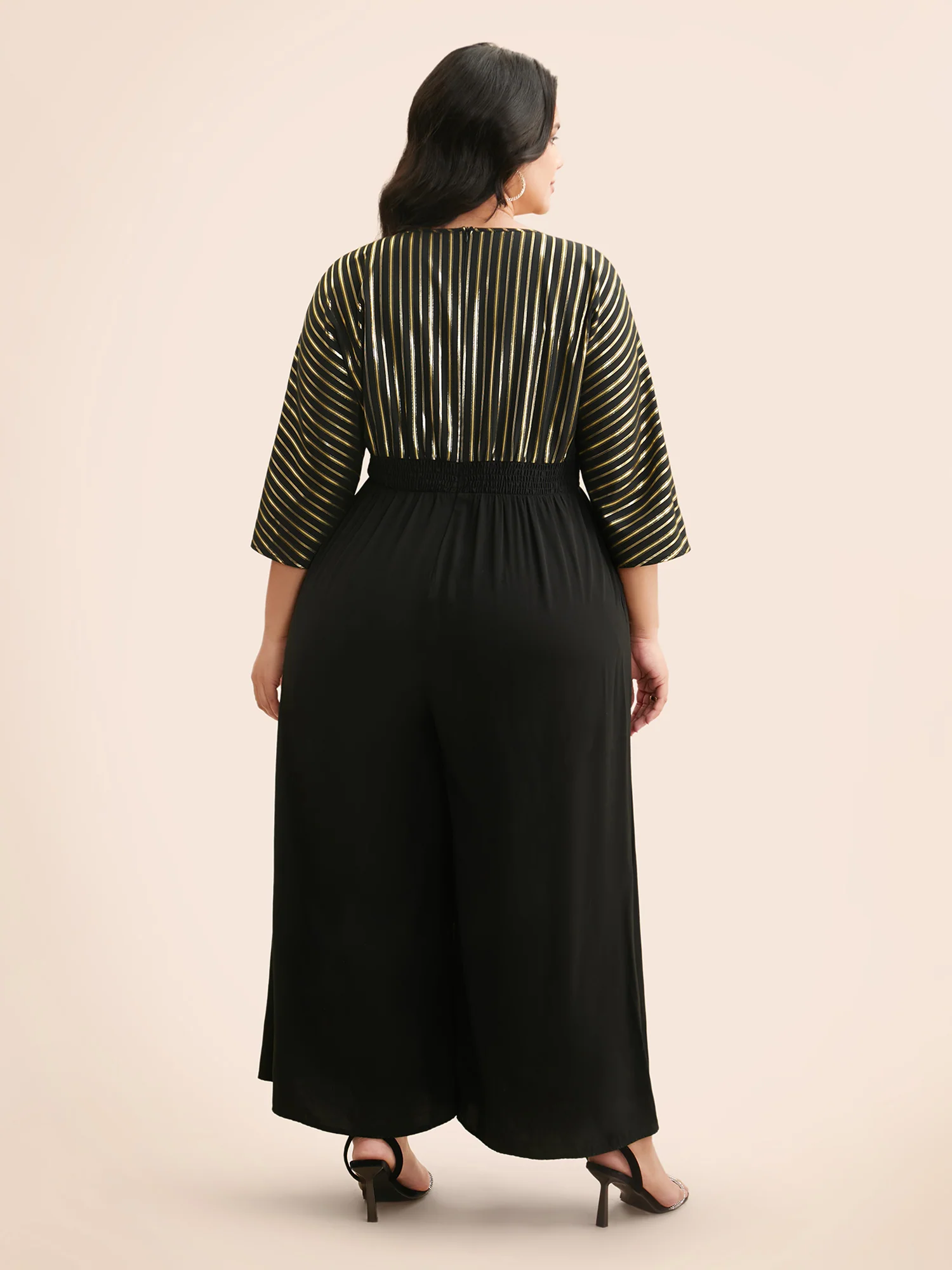 Glitter Striped Patchwork Shirred Jumpsuit - Image 3